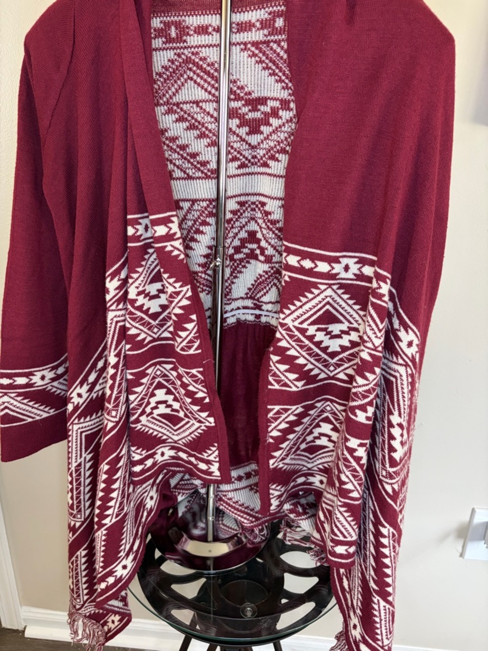 Altar'd State Maroon and White Geometric Open-Front Cardigan